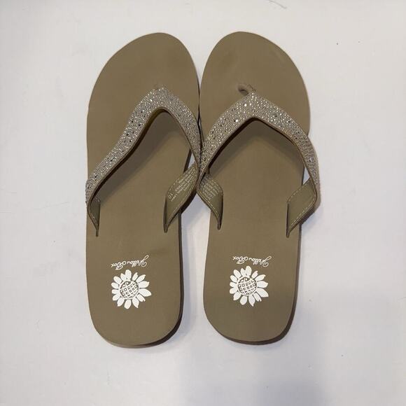 Yellow Box Shoes - Yellow Box Africa Rhinestone Women's Platform Wedge Taupe Flip Flops Size 10